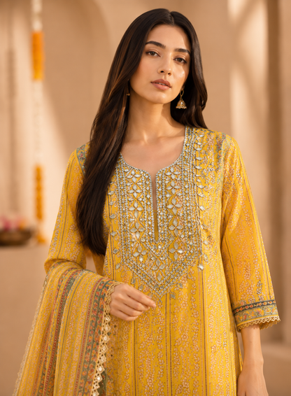 Floral Printed Crepe Gotapatti Suit with Chiffon Dupatta Ensemble