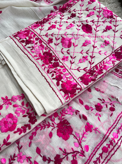Ivory & Fuchsia Pure Cotton Hand-Embroidered Unstitched Dress