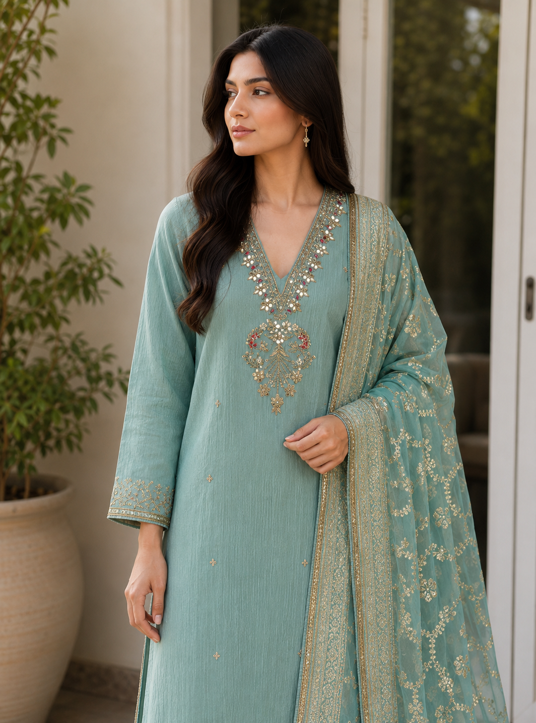 Soft Glow – Handworked Crushed Shimmer Silk Suit