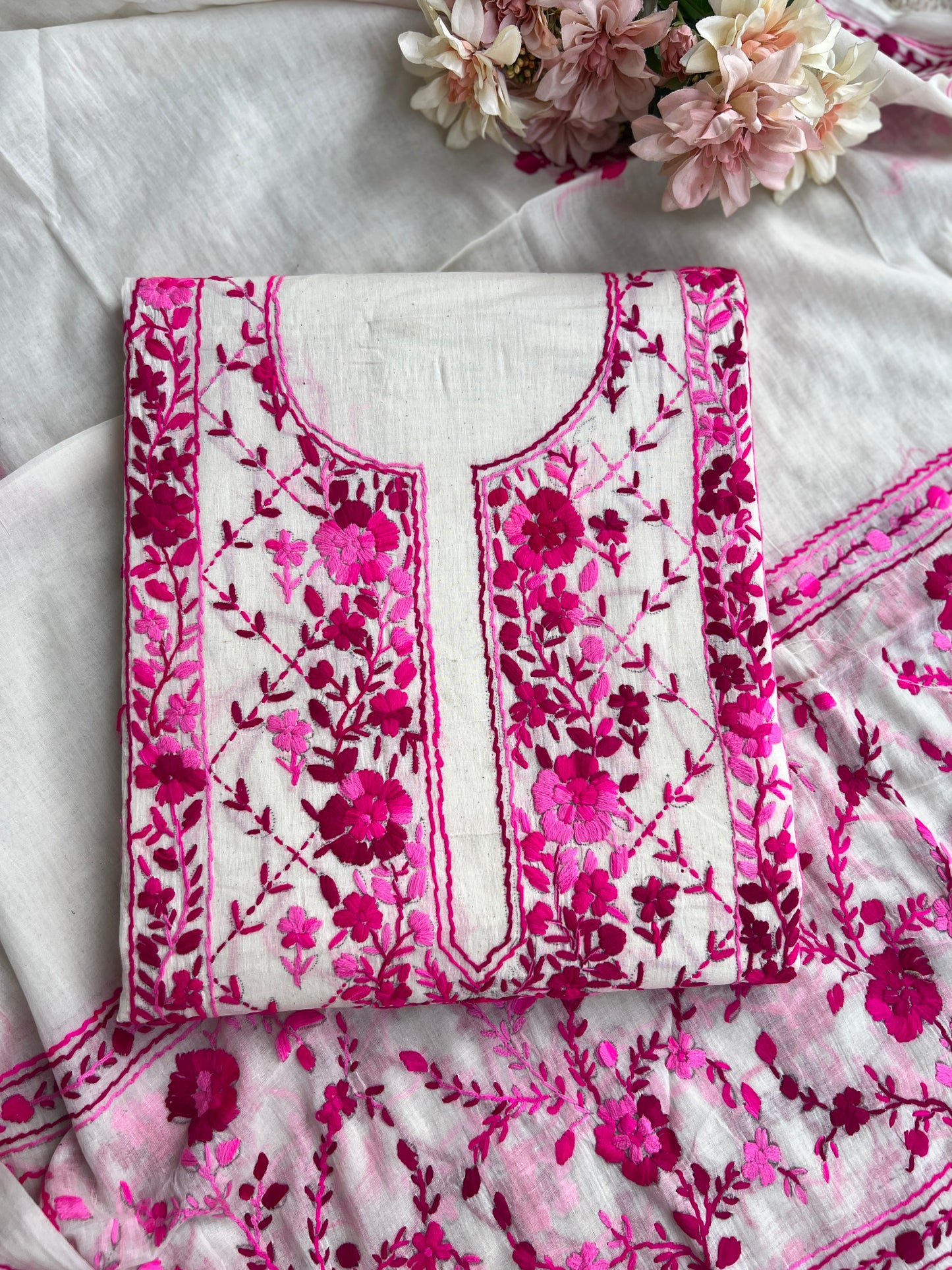 Ivory & Fuchsia Pure Cotton Hand-Embroidered Unstitched Dress