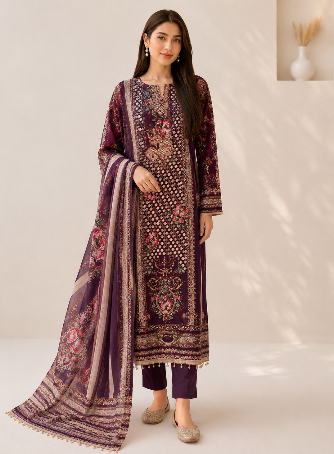 Wine Karachi Print Mirror Work Viscose Organza Suit with Dupatta
