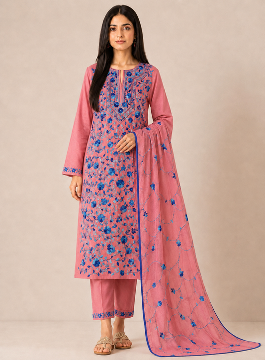 Rose Pink Floral Hand-Embroidered Suit