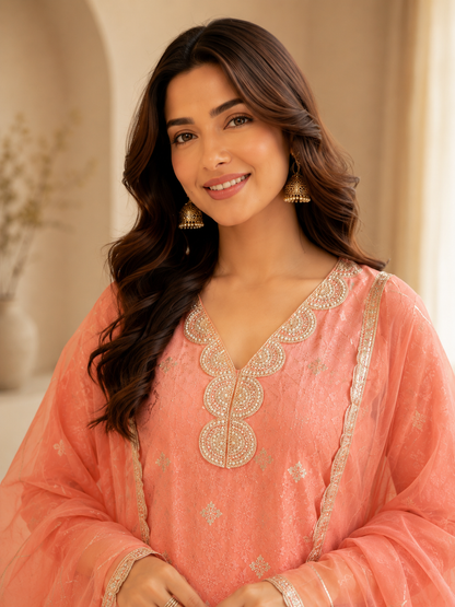 Shimmering Silk Top with Exquisite Lace & Gota Detailing