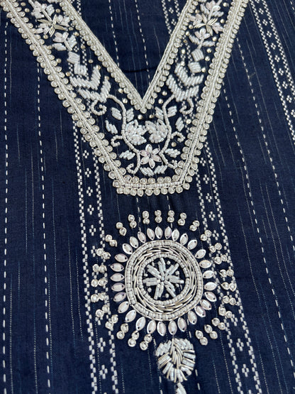 Navy Blue khadi Cotton suit with Handwork & Kota Doriya Dupatta