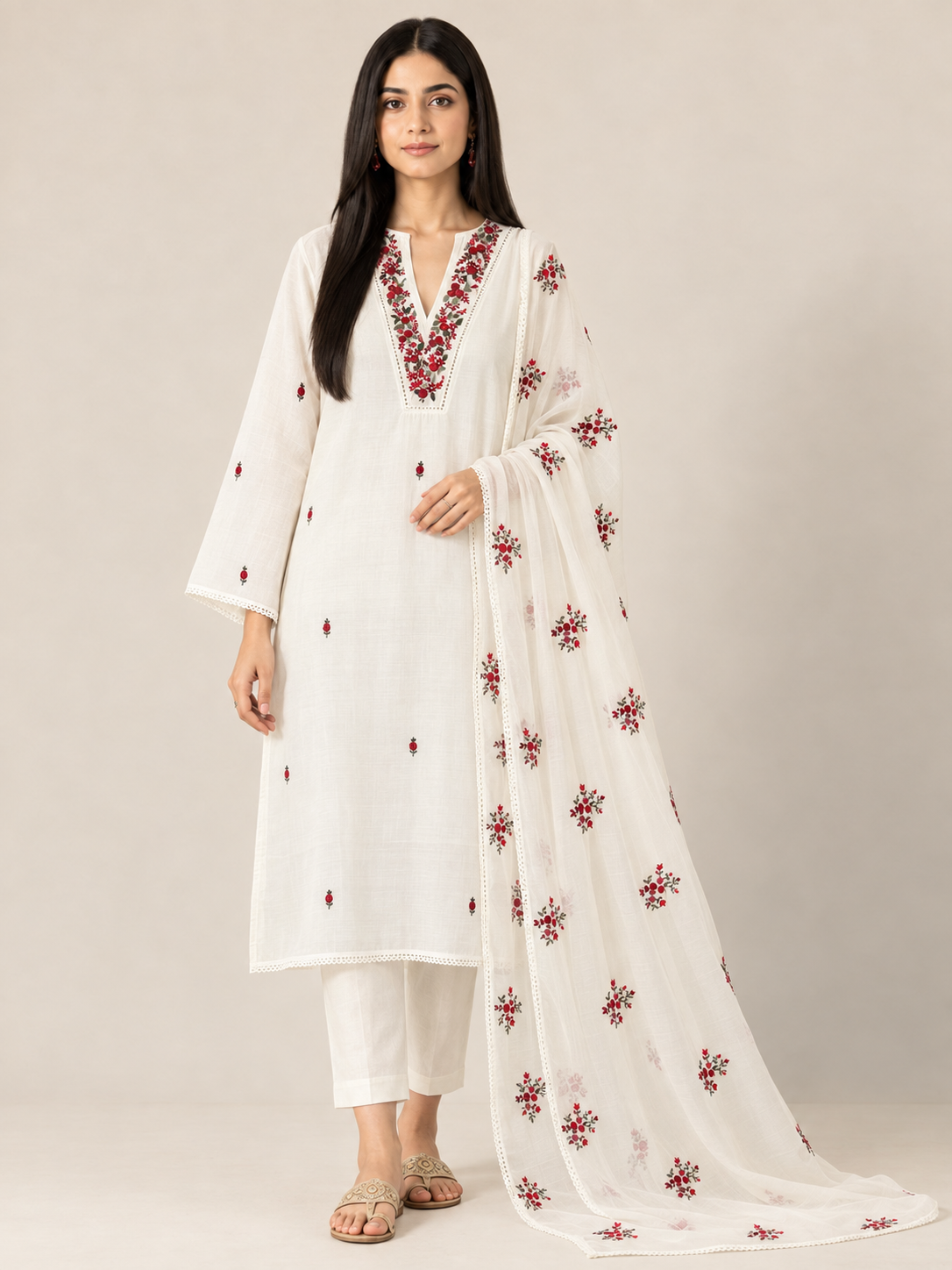 Moon White Hand-Embroidered Pure Mal Maslin  Suit Set