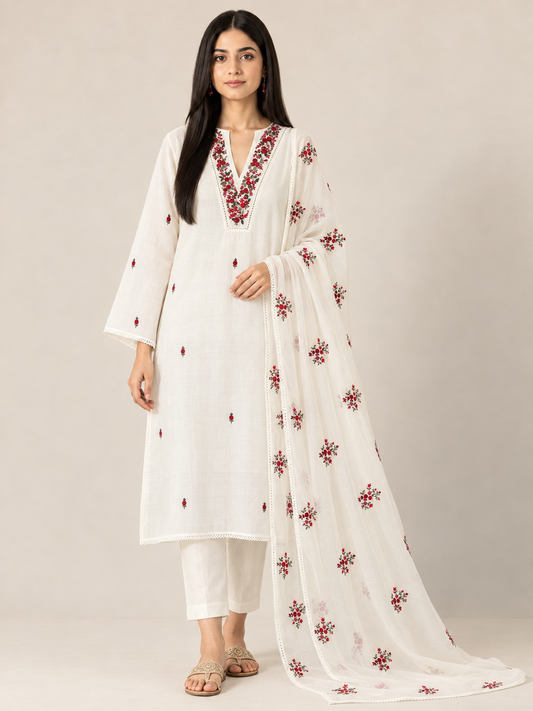 Moon White Hand-Embroidered Pure Mal Maslin  Suit Set
