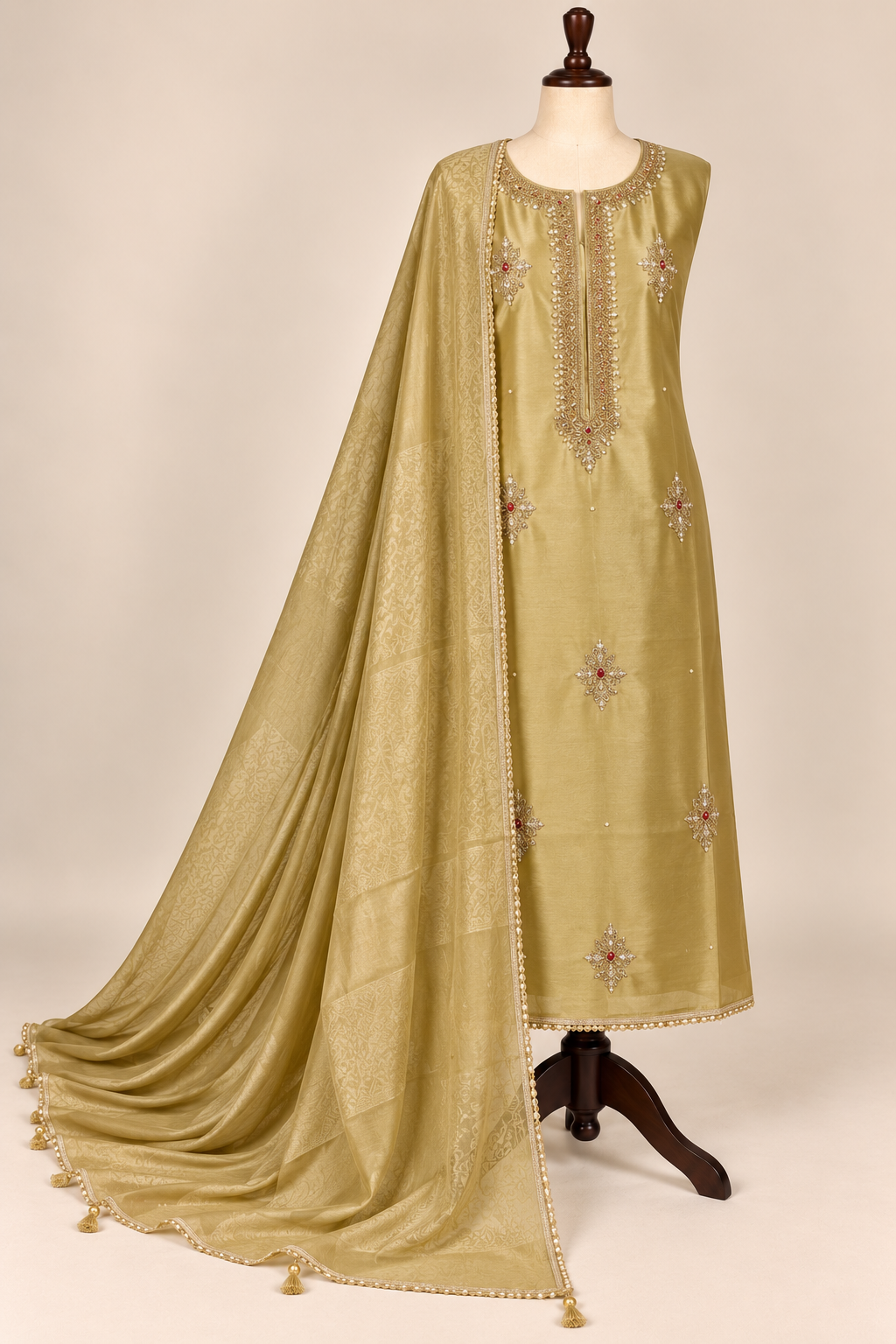 Golden Grace-Handcrafted Elegance with  Banarasi Dupatta