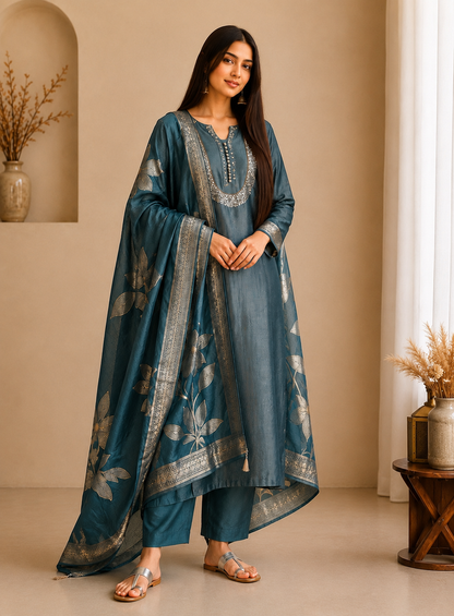 U-Neck Shimmer Silk Suit with Handwork & Floral Dola Silk Dupatta