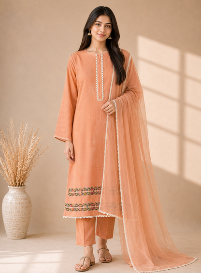 Elegant Peach Maheshwari Silk Suit with Hand Embroidery