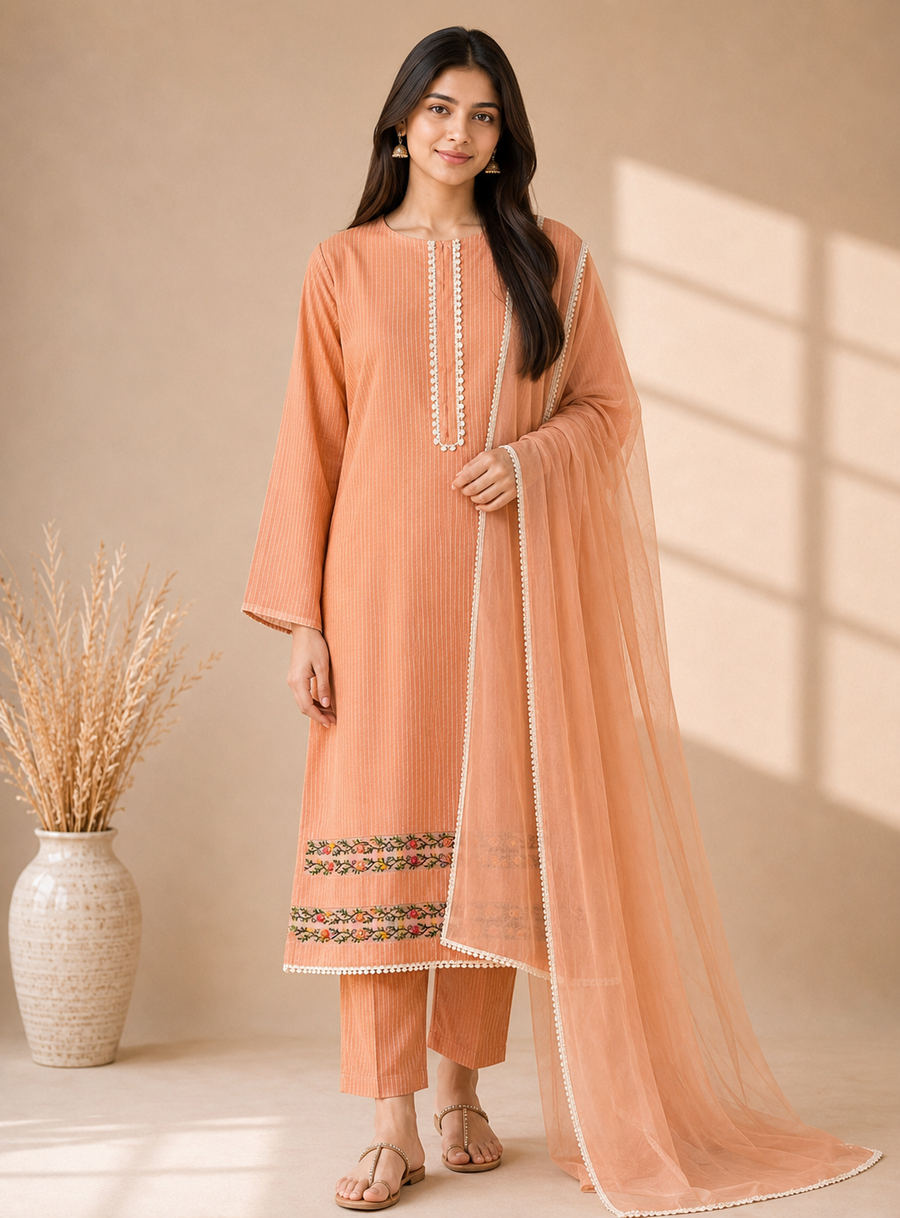 Elegant Peach Maheshwari Silk Suit with Hand Embroidery