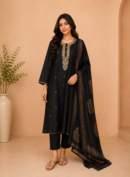 Graceful Black Chanderi Silk Suit with Intricate Coding Neck Works