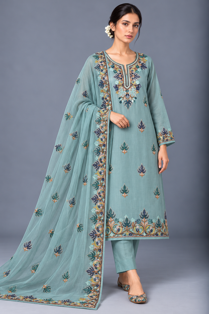 Peacock Teal All-Season Kashmiri Embroidered Suit Set