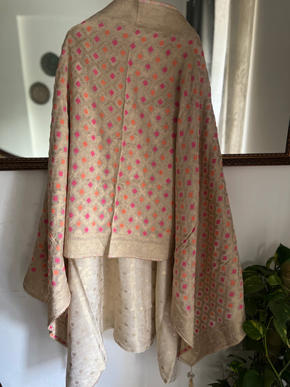 Premium Ivory Shimmer Silk Handwork Suit