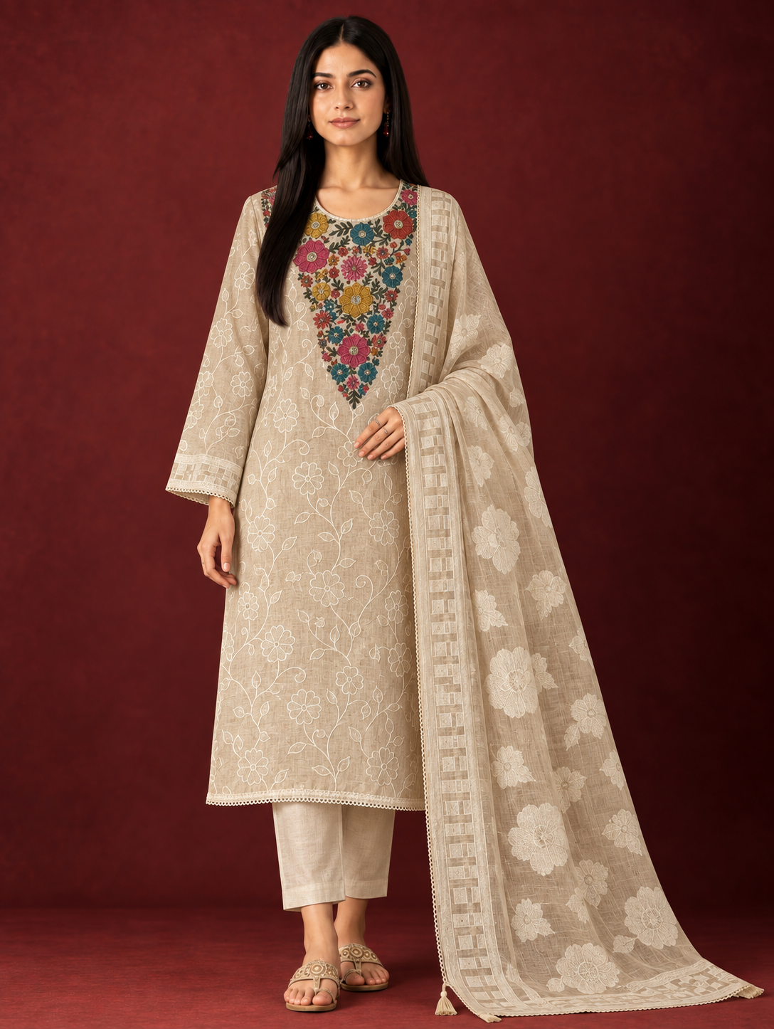 Floral Embroidered Linen Jamdani Suit Set