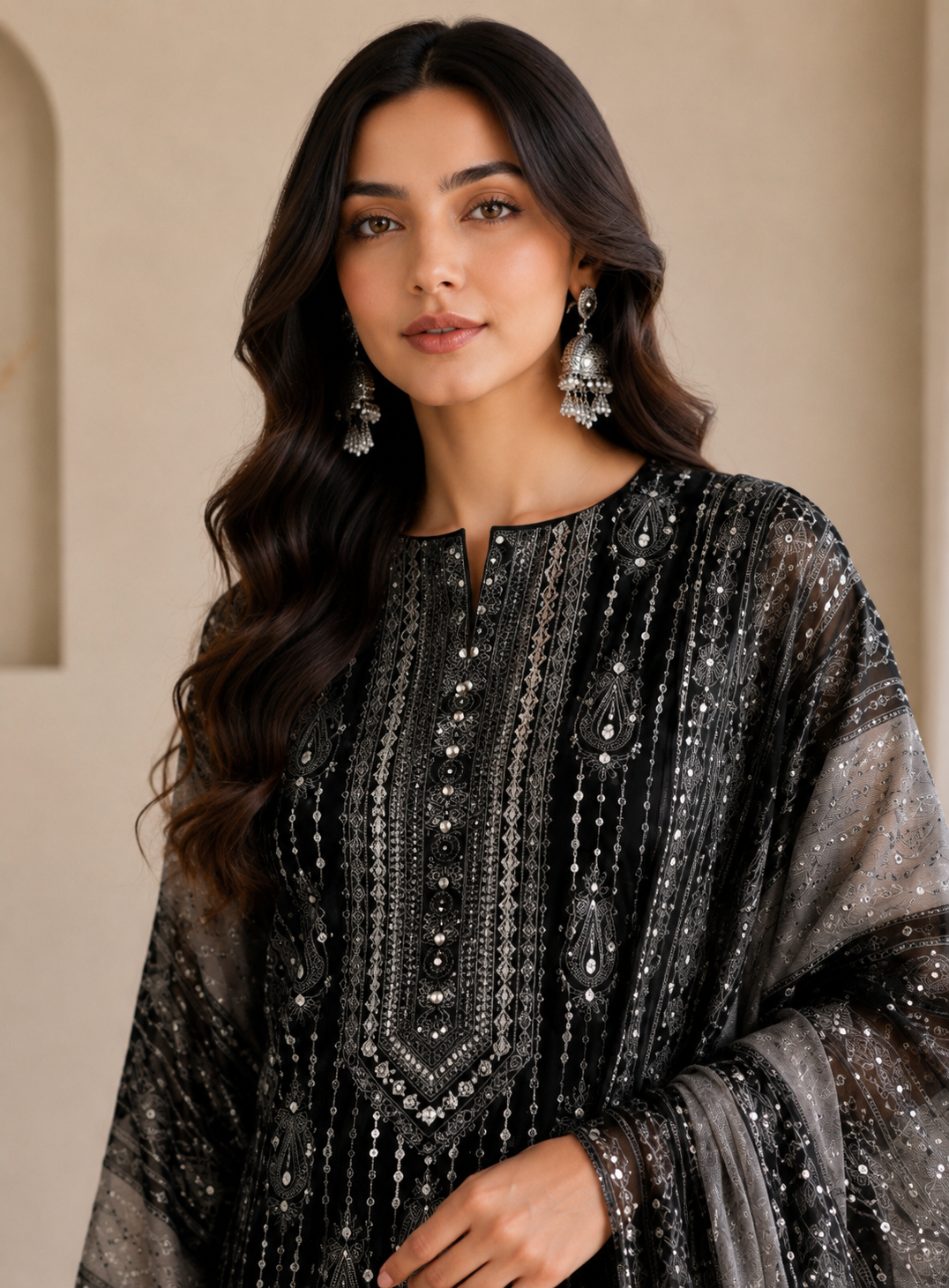 Black & White Elegance – Karachi Print Crepe Mirror Embroidered Suit