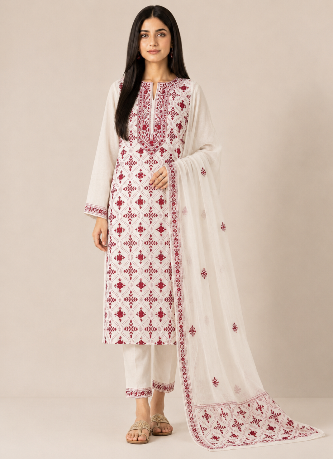 Ivory & Crimson Pure Cotton Hand-Embroidered Unstitched Dress