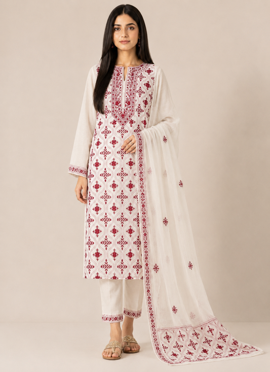 Ivory & Crimson Pure Cotton Hand-Embroidered Unstitched Dress