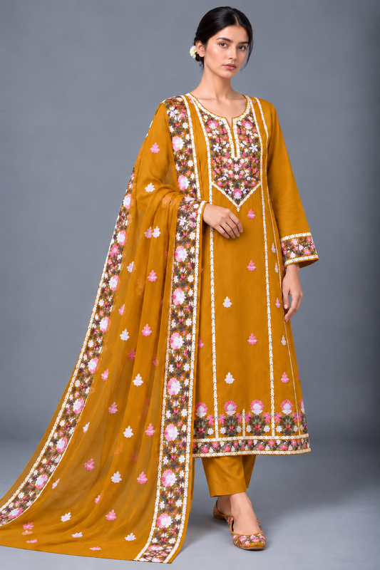 Elegance in Bloom: Timeless Kashmiri Salwar Suit with Chiffon Dupatta