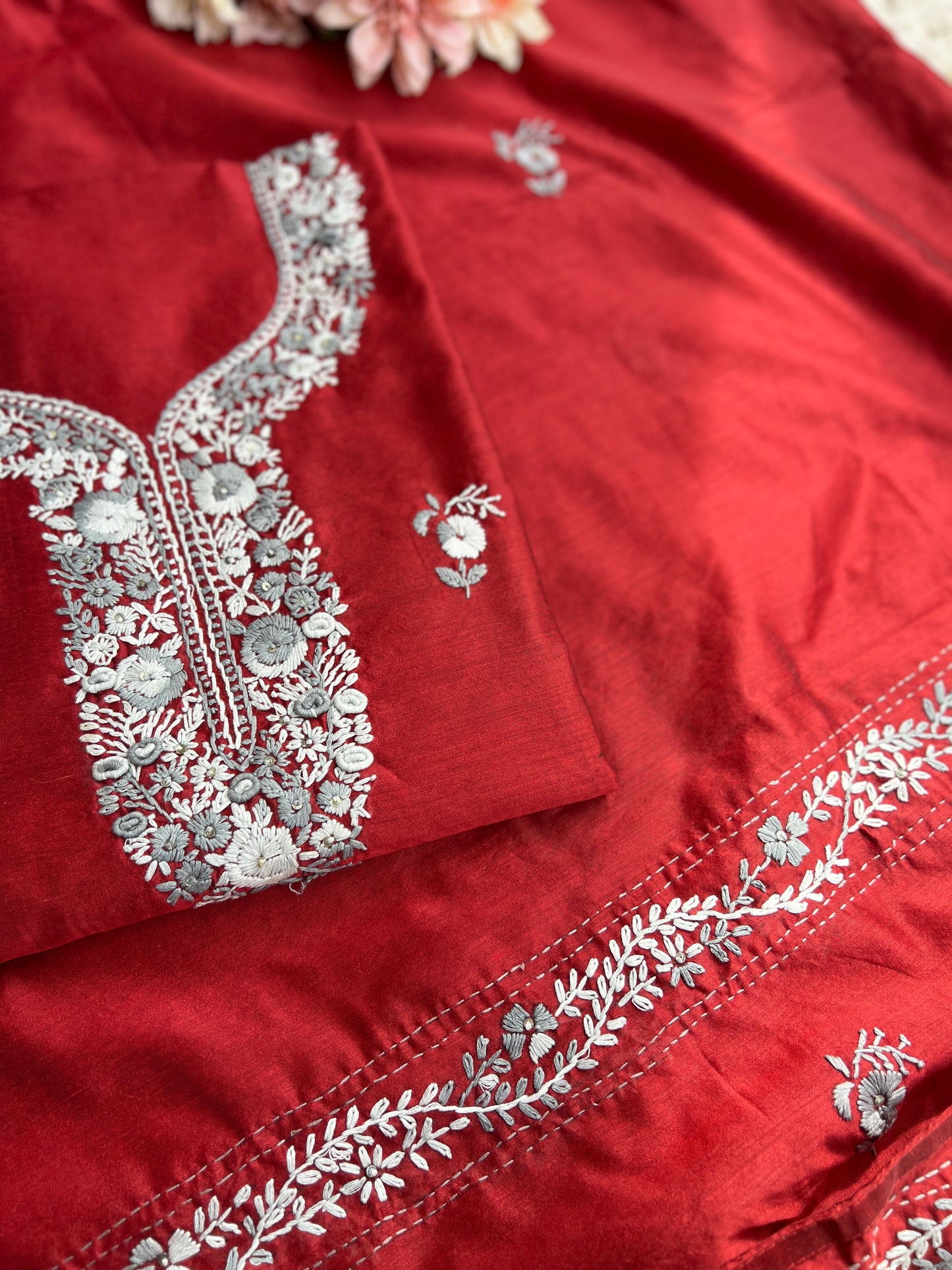 Ruby Red Floral Hand Embroidery Suit