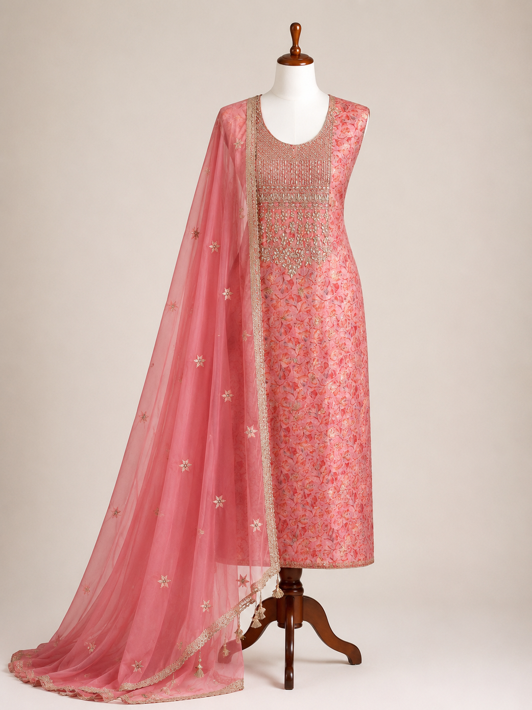 Pink Organza Hand Embroidered Salwar Suit