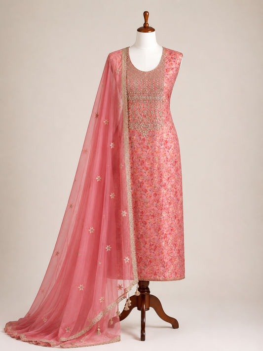 Pink Organza Hand Embroidered Salwar Suit