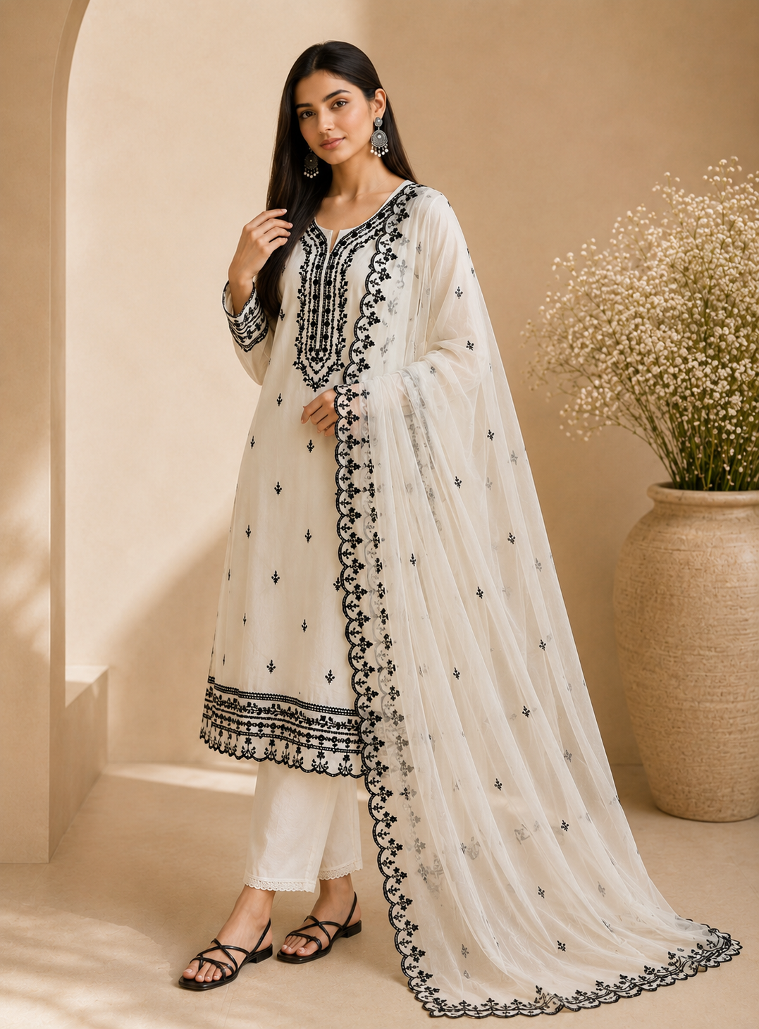 Chic Black and White Embroidered Viscose Organza Suit Set