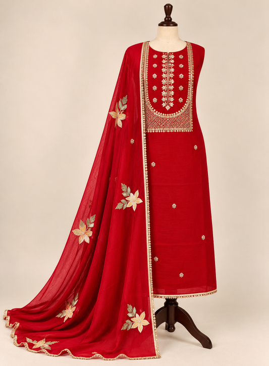 Radiant Red Chanderi Silk Suit with Gota Phool Dupatta & Handcrafted Detailing