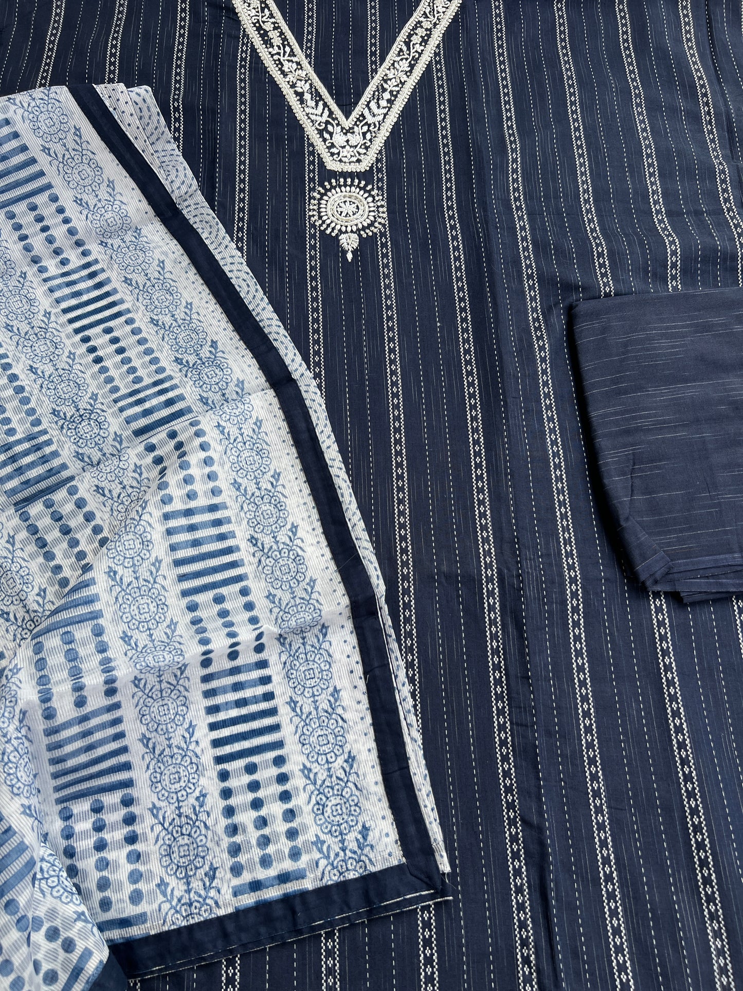 Navy Blue khadi Cotton suit with Handwork & Kota Doriya Dupatta