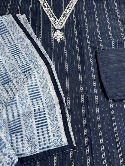 Navy Blue khadi Cotton suit with Handwork & Kota Doriya Dupatta