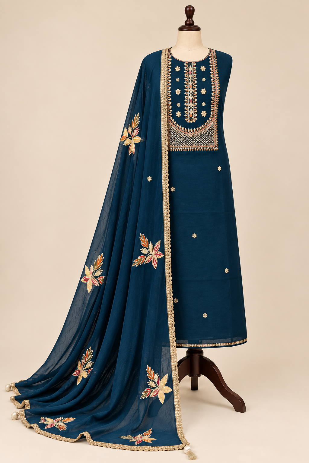 Blue Chanderi  Gota-Phool & Potli Details