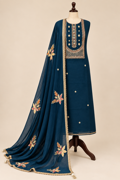 Blue Chanderi  Gota-Phool & Potli Details