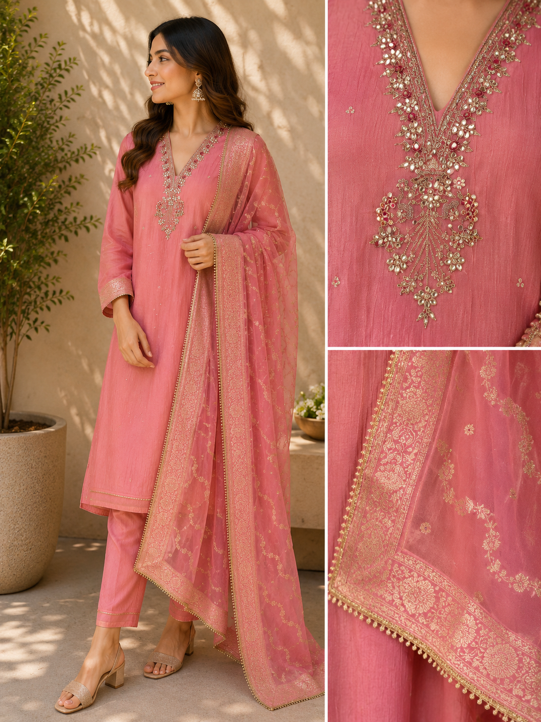 Soft Glow – Handworked Crushed Shimmer Silk Suit