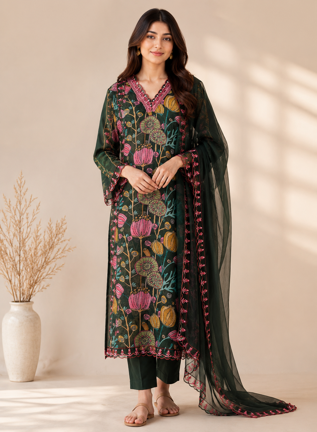 V Neck Green pink  Floral Semistiched Salwar Suit