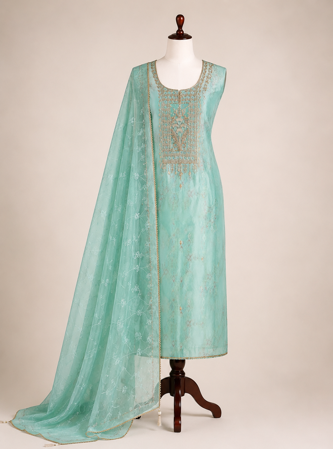 Ethereal Soft Organza Handcrafted Ensemble in Pista Green