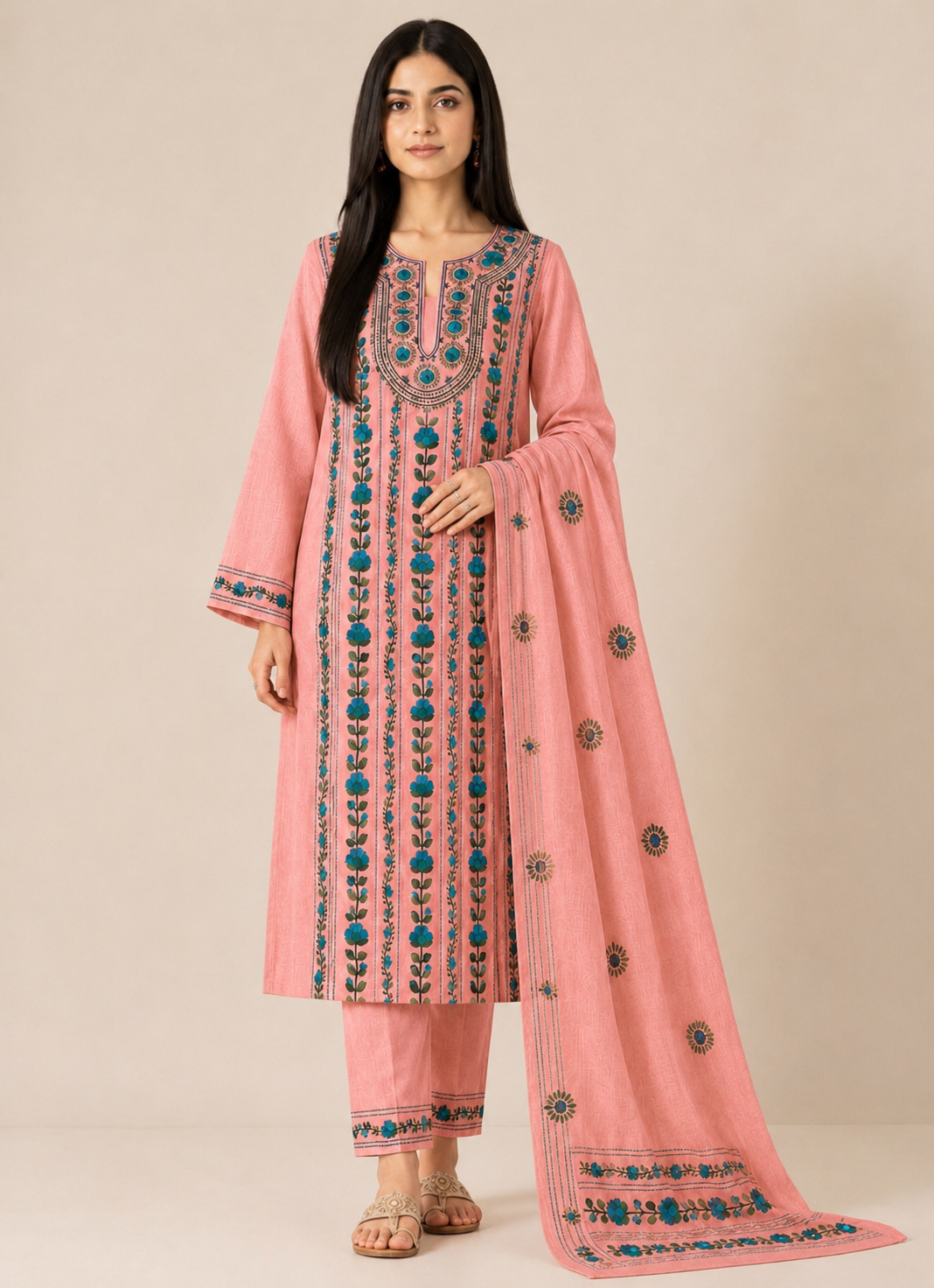 Peach Blossom Hand-Embroidered Unstitched Suit Set