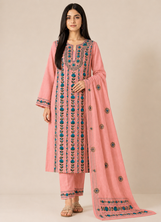 Peach Blossom Hand-Embroidered Unstitched Suit Set