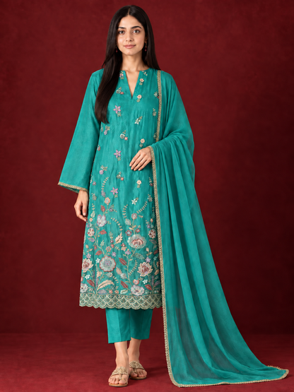 Floral Beadwork Shimmer Silk Suit Set