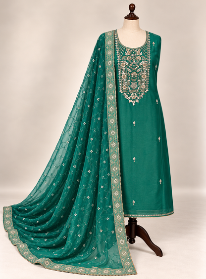 Royal Shimmer Silk Suit with Exquisite Zardozi & Gota Handwork