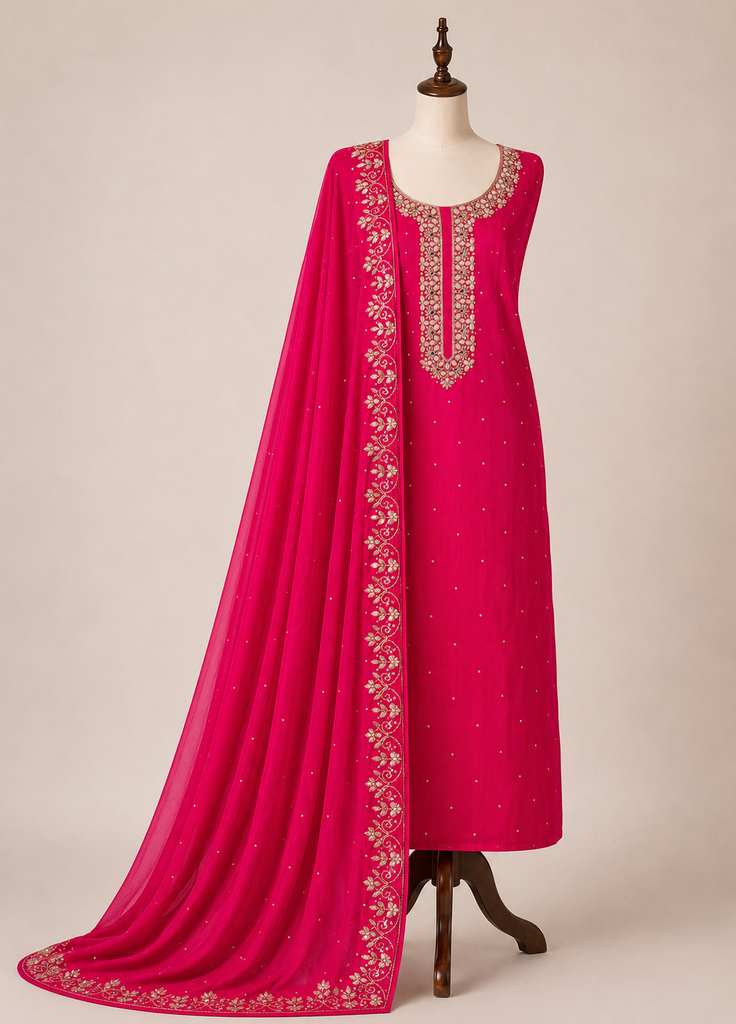 Luxury Rani Pink Pure Chinnon Suit Set with Kalkatta Handwork Dupatta