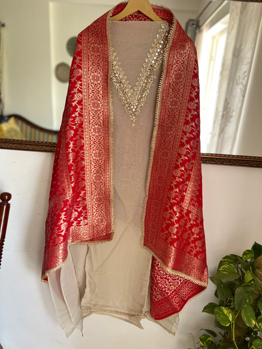 Elegant V-Neck Handwork Suit with Luxurious Dola Banarasi Dupatta