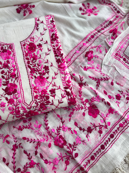 Ivory & Fuchsia Pure Cotton Hand-Embroidered Unstitched Dress