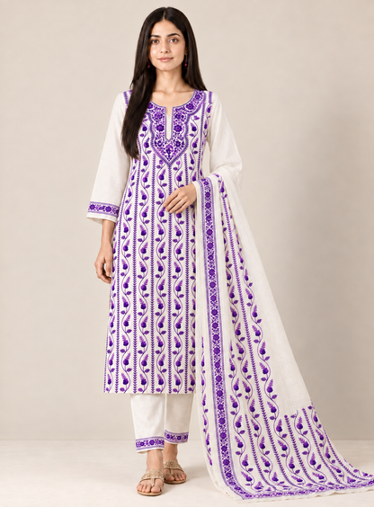 Amethyst Bloom Ivory Hand-Embroidered Suit Set