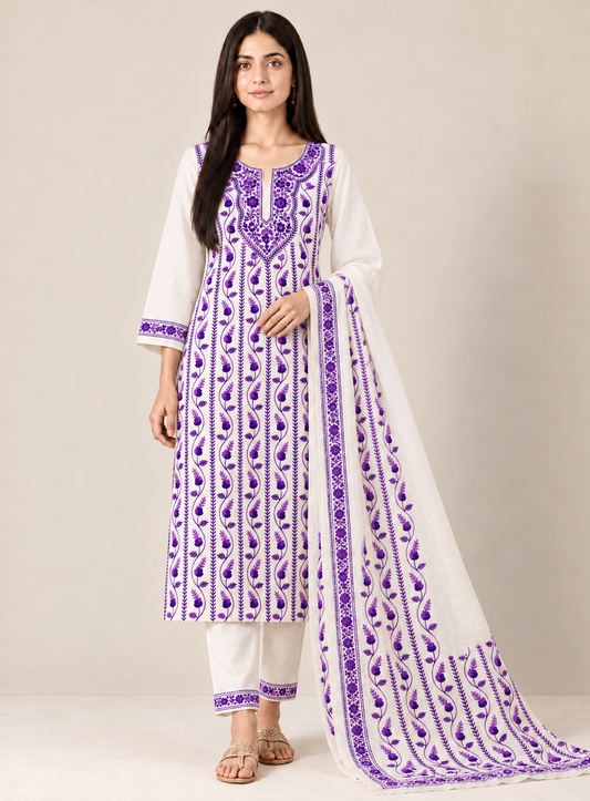 Amethyst Bloom Ivory Hand-Embroidered Suit Set