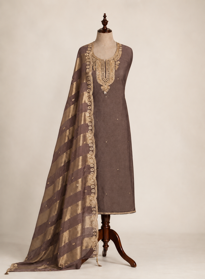 Pastel Elegance Crushed Shimmer Suit with Intricate Hand Embroidery & Silk Dupatta