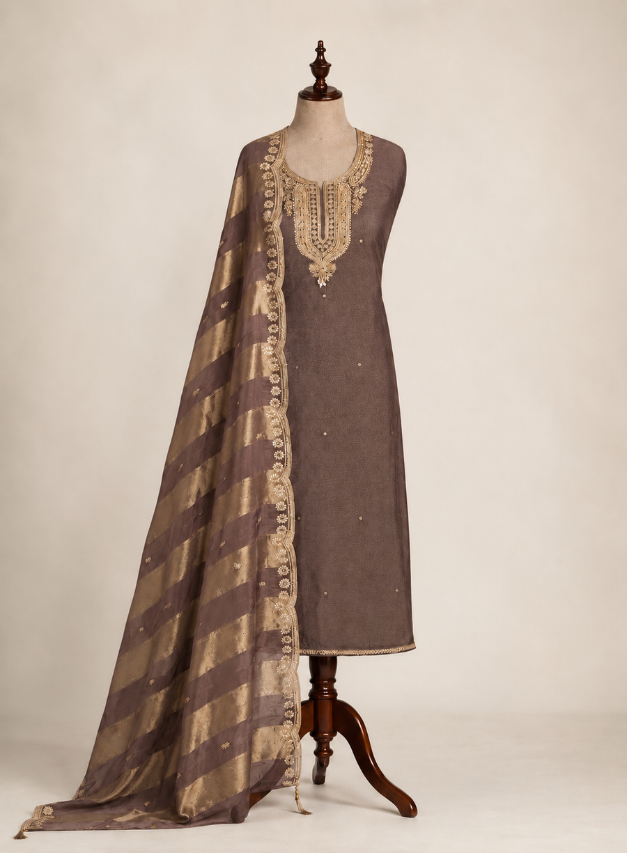 Pastel Elegance Crushed Shimmer Suit with Intricate Hand Embroidery & Silk Dupatta