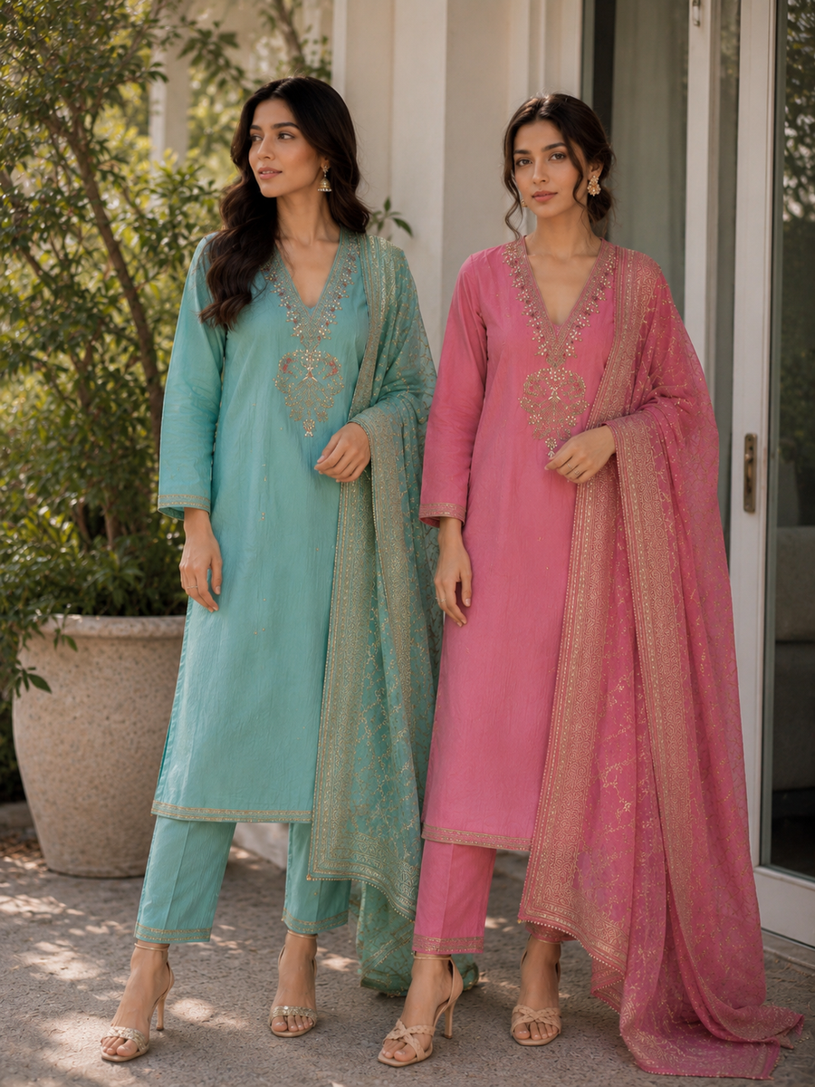 Soft Glow – Handworked Crushed Shimmer Silk Suit