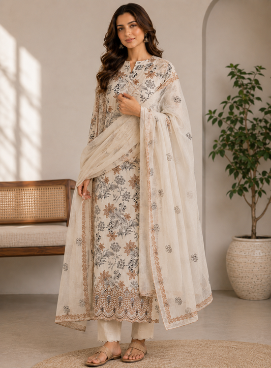Ivory Bloom Chikankari Cotton Suit Set
