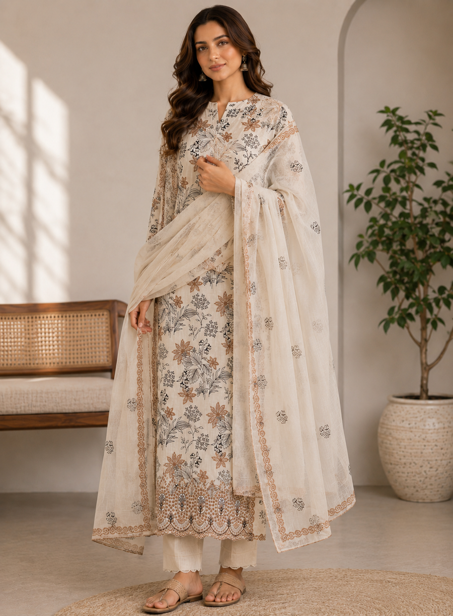 Ivory Bloom Chikankari Cotton Suit Set