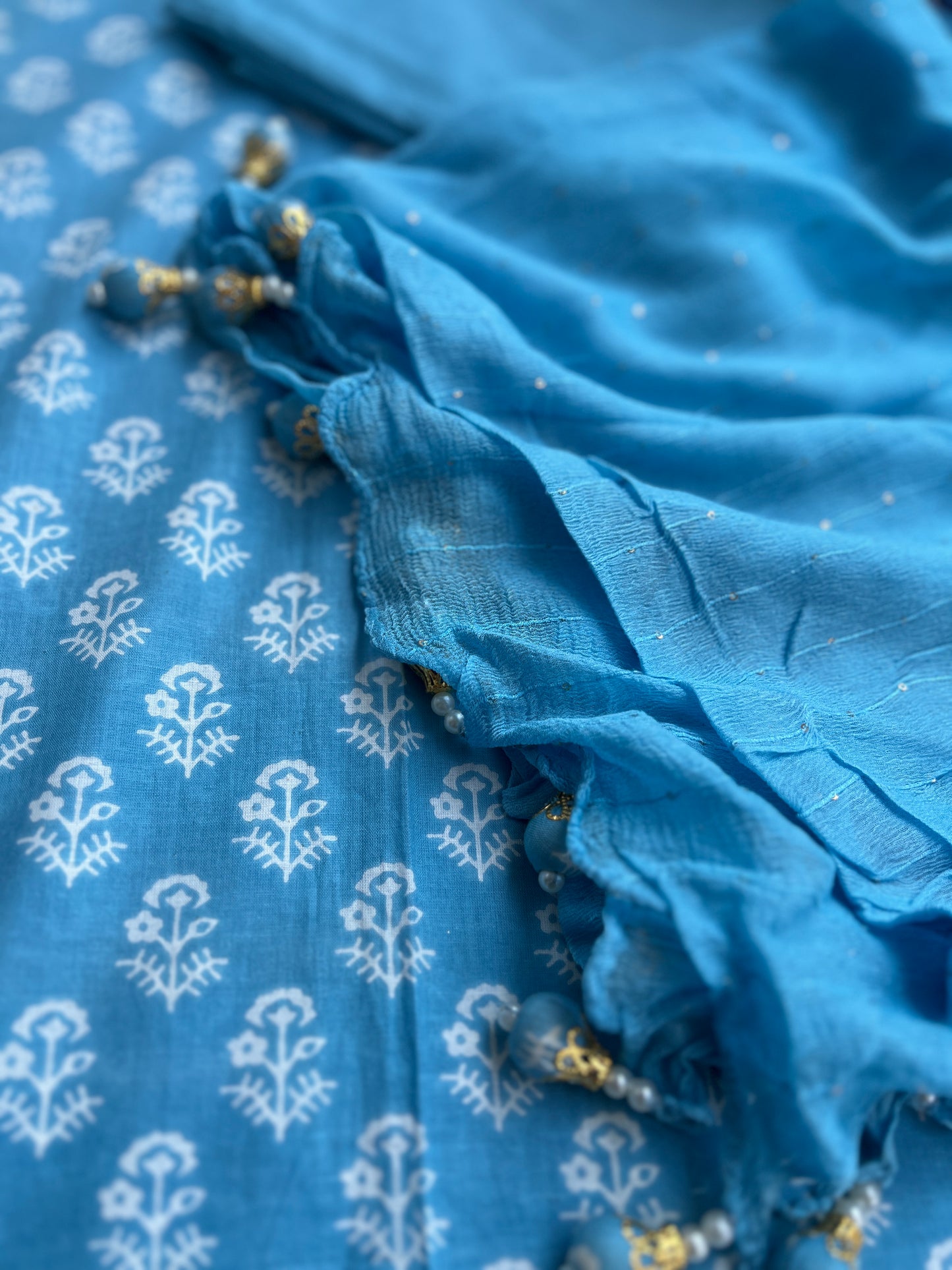 Sky Blue Cotton Suit with Delicate Hand Embroidery & Tassel Dupatta