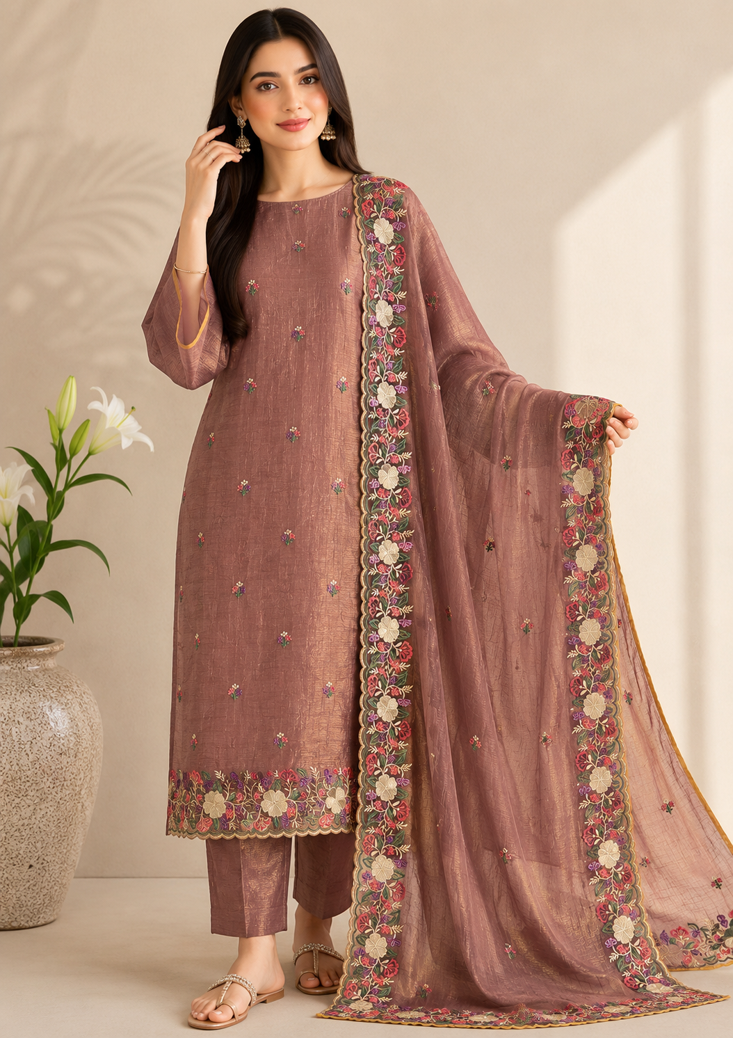 Crushed Shimmer Silk with Embroidered Dupatta 🌸